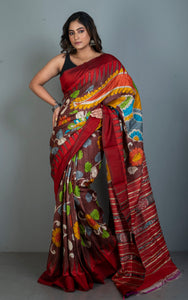 Hand Painted Pen Kalamkari over Sambalpuri Tussar Kotki Silk Saree in Choclate Brown, Dark Red and Multicolored