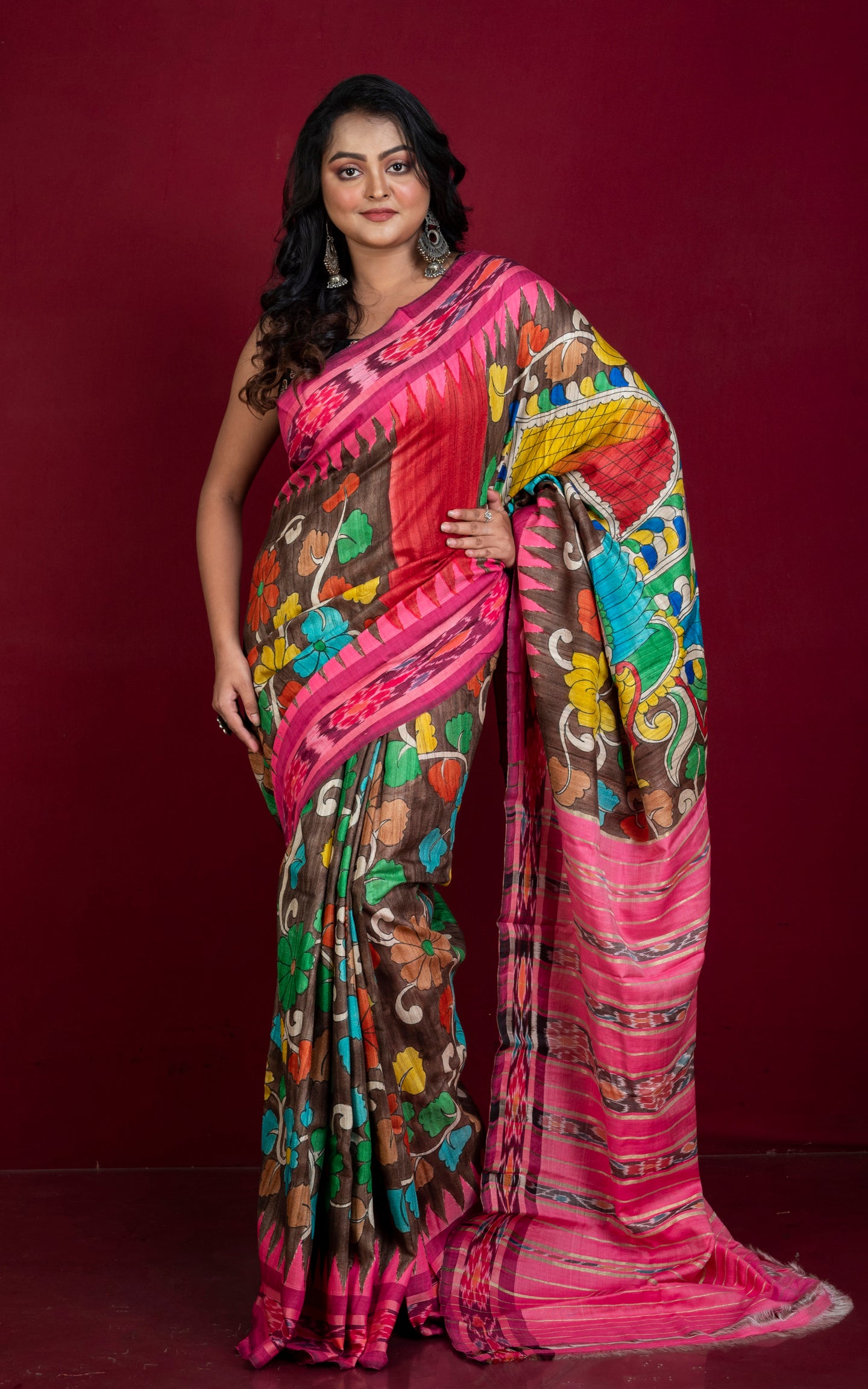 Hand Painted Pen Kalamkari over Sambalpuri Tussar Kotki Silk Saree in Coffee Brown, Vibrant Pink and Multicolored