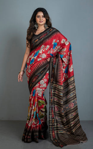 Hand Painted Pen Kalamkari over Sambalpuri Tussar Kotki Silk Saree in Red, Dark Brown and Multicolored