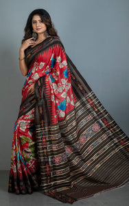 Hand Painted Pen Kalamkari over Sambalpuri Tussar Kotki Silk Saree in Red, Dark Brown and Multicolored