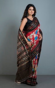 Hand Painted Pen Kalamkari over Sambalpuri Tussar Kotki Silk Saree in Red, Dark Brown and Multicolored