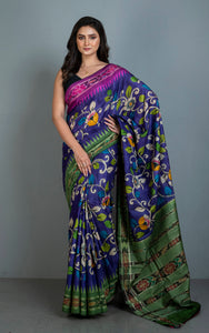 Hand Painted Pen Kalamkari over Sambalpuri Tussar Kotki Silk Saree in Eggplant Purple, Green and Multicolored