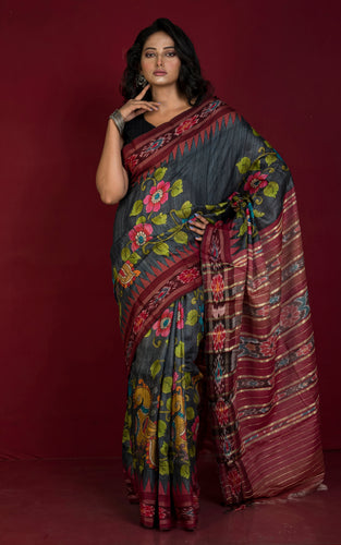 Hand Painted Pen Kalamkari over Sambalpuri Tussar Kotki Silk Saree in Charcoal Grey, Dark Maroon and Multicolored