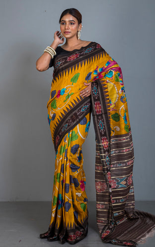 Hand Painted Pen Kalamkari over Sambalpuri Tussar Kotki Silk Saree in Golden Yellow, Mahogany Brown and Multicolored