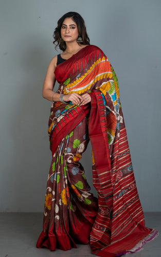 Hand Painted Pen Kalamkari over Sambalpuri Tussar Kotki Silk Saree in Choclate Brown, Dark Red and Multicolored