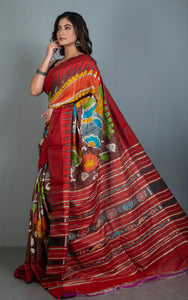 Hand Painted Pen Kalamkari over Sambalpuri Tussar Kotki Silk Saree in Choclate Brown, Dark Red and Multicolored