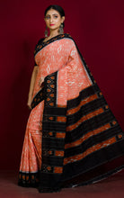 Soft Mercerized Cotton Ikkat Pochampally Saree in Pale Orange, Off White and Black
