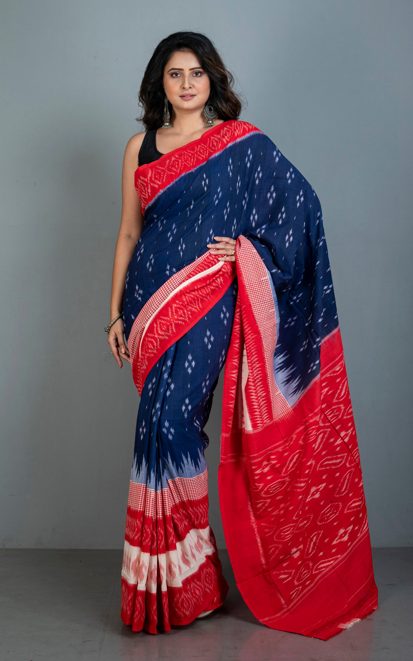 Soft Mercerized Cotton Ikkat Pochampally Saree in Ink Blue, Red and Off White