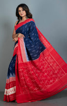 Soft Mercerized Cotton Ikkat Pochampally Saree in Ink Blue, Red and Off White