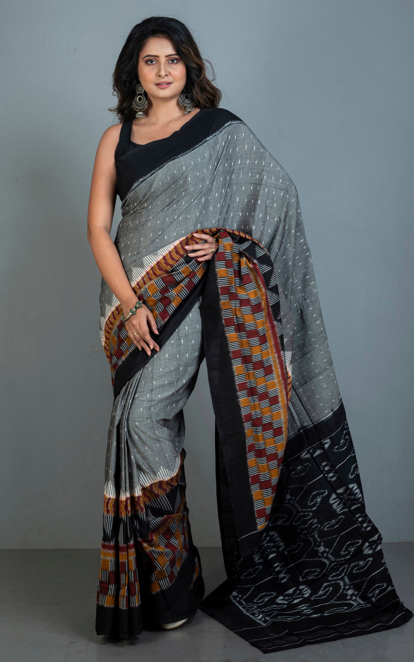 Soft Mercerized Cotton Ikkat Pochampally Saree in Grey, Black, Brown, Mustard and Off White