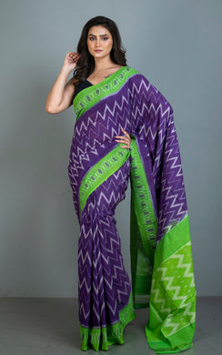 Soft Mercerized Cotton Ikkat Pochampally Saree in Purple, Off White and Green