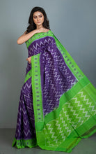 Soft Mercerized Cotton Ikkat Pochampally Saree in Purple, Off White and Green