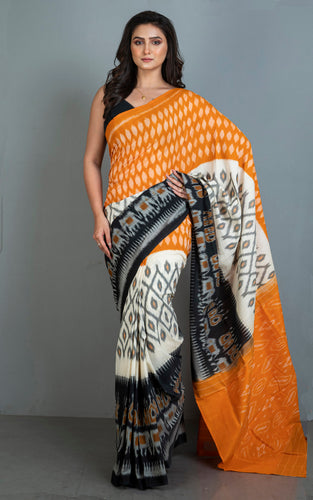 Soft Mercerized Cotton Ikkat Pochampally Saree in Orange, Off White and Black