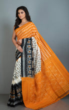 Soft Mercerized Cotton Ikkat Pochampally Saree in Orange, Off White and Black