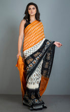 Soft Mercerized Cotton Ikkat Pochampally Saree in Orange, Off White and Black