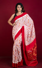 Soft Mercerized Cotton Ikkat Pochampally Saree in Off White, Red, Matt Orange and Green