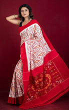 Soft Mercerized Cotton Ikkat Pochampally Saree in Off White, Red, Matt Orange and Green