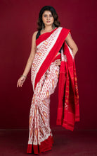 Soft Mercerized Cotton Ikkat Pochampally Saree in Off White, Red, Matt Orange and Green