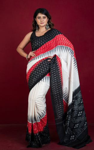 Soft Mercerized Cotton Ikkat Pochampally Saree in Off White, Red and Black