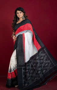 Soft Mercerized Cotton Ikkat Pochampally Saree in Off White, Red and Black