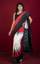 Soft Mercerized Cotton Ikkat Pochampally Saree in Off White, Red and Black