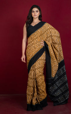 Soft Mercerized Cotton Ikkat Pochampally Saree in Golden Brown, Beige and Black