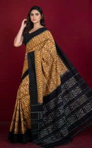 Soft Mercerized Cotton Ikkat Pochampally Saree in Golden Brown, Beige and Black