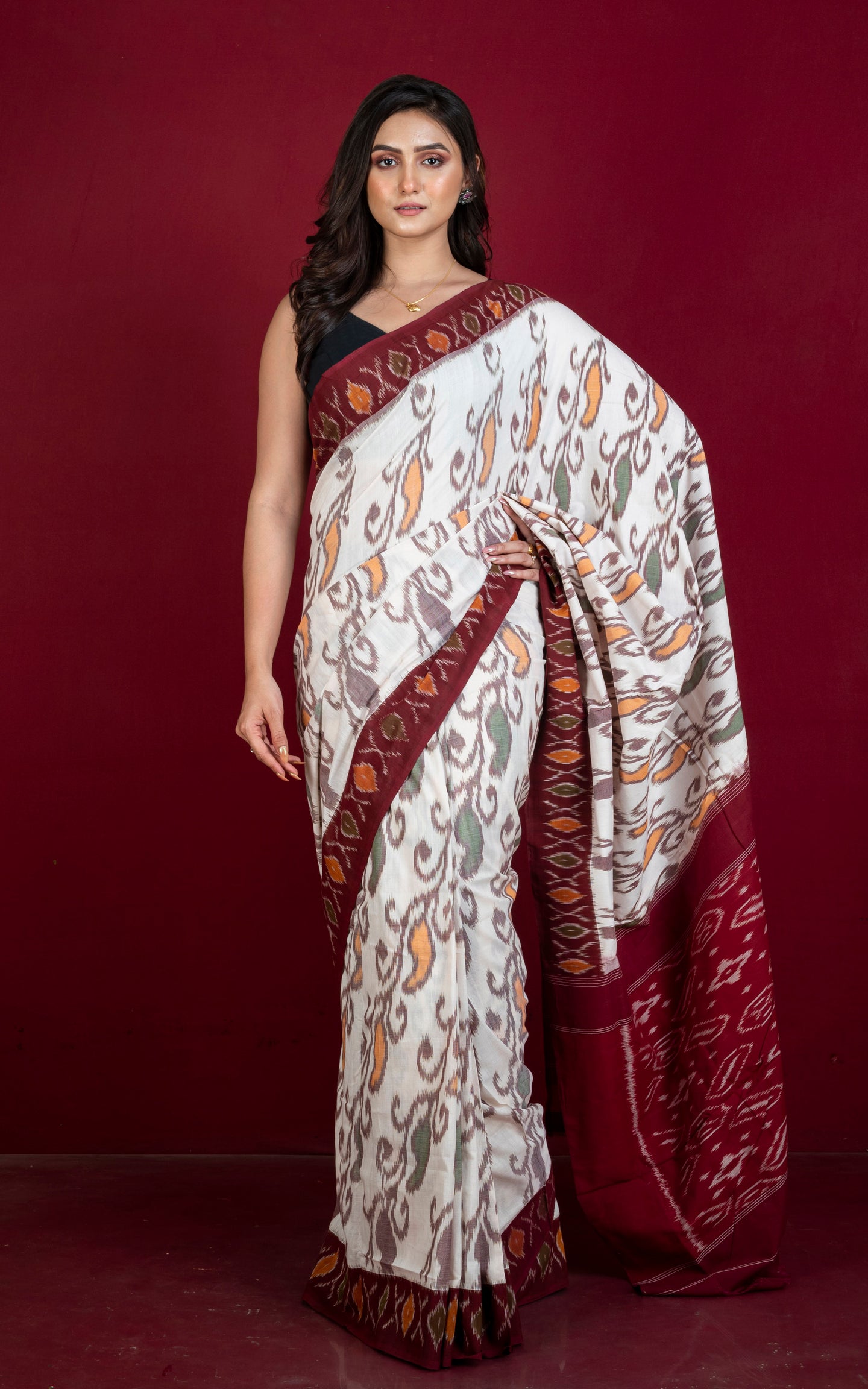 Soft Mercerized Cotton Ikkat Pochampally Saree in Off White, Maroon, Amber Orange and Green