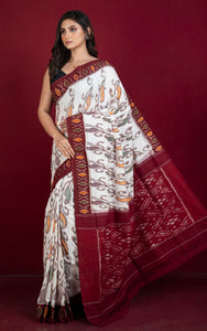 Soft Mercerized Cotton Ikkat Pochampally Saree in Off White, Maroon, Amber Orange and Green