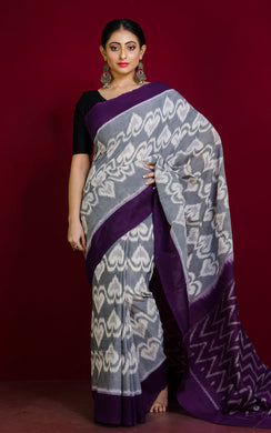 Soft Mercerized Cotton Ikkat Pochampally Saree in Grey, Off White and Eggplant Purple