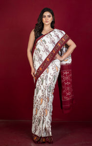 Soft Mercerized Cotton Ikkat Pochampally Saree in Off White, Maroon, Amber Orange and Green