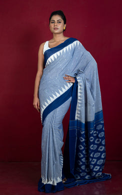 Soft Mercerized Cotton Ikkat Pochampally Saree in Rock Blue, Off White and Prussian Blue