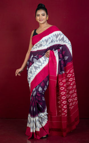 Soft Mercerized Cotton Ikkat Pochampally Saree in Eggplant, Off White and Red