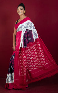 Soft Mercerized Cotton Ikkat Pochampally Saree in Eggplant, Off White and Red
