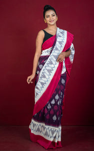 Soft Mercerized Cotton Ikkat Pochampally Saree in Eggplant, Off White and Red