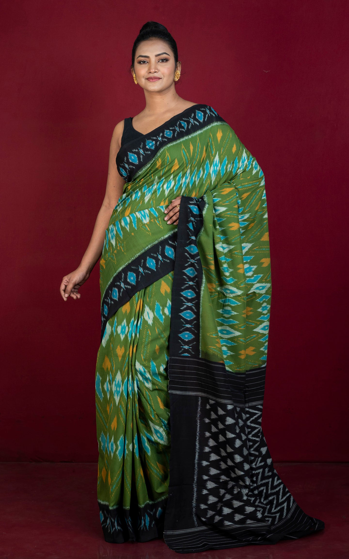 Soft Mercerized Cotton Ikkat Pochampally Saree in Olive Green, Black and Off White