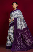 Soft Mercerized Cotton Ikkat Pochampally Saree in Grey, Off White and Eggplant Purple