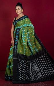 Soft Mercerized Cotton Ikkat Pochampally Saree in Olive Green, Black and Off White