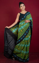 Soft Mercerized Cotton Ikkat Pochampally Saree in Olive Green, Black and Off White