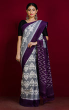 Soft Mercerized Cotton Ikkat Pochampally Saree in Grey, Off White and Eggplant Purple