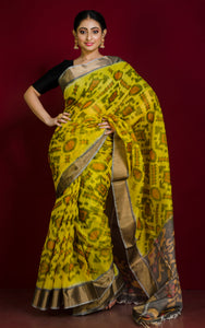 Soft Seiko Ikkat Pochampally Silk Saree in Pineapple Yellow, Charcoal Grey, Beige, Off White and Red