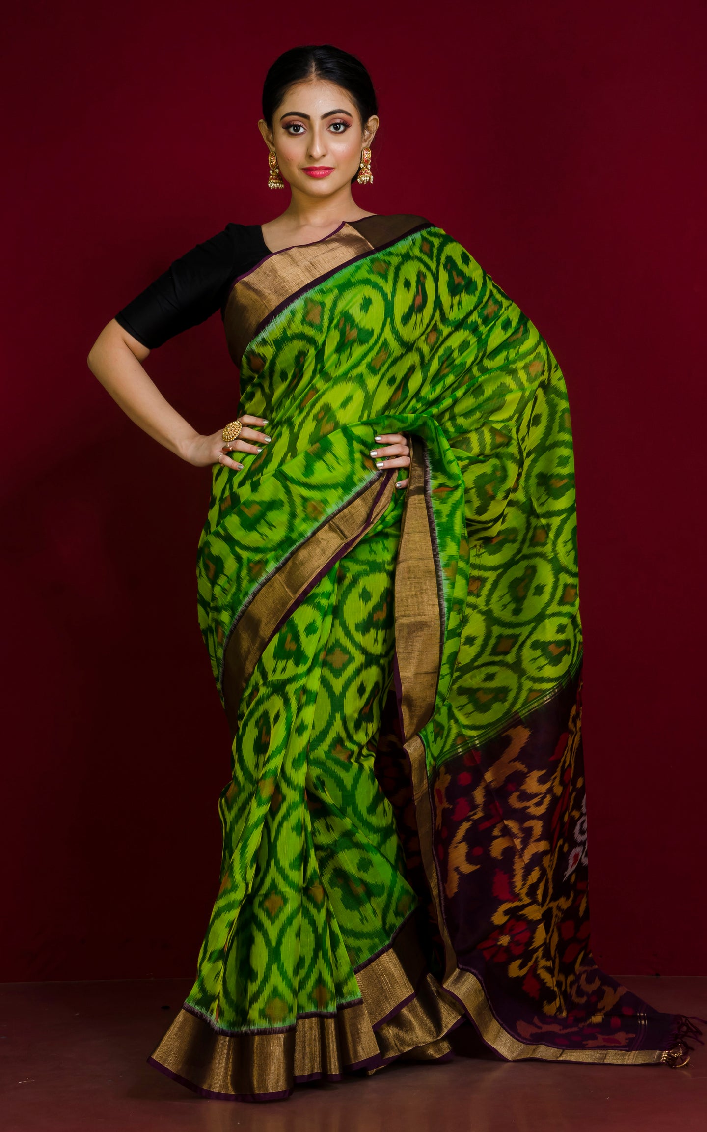 Soft Seiko Ikkat Pochampally Silk Saree in Bright Green, Mahogany Brown, Yellow, Black, Off White and Red