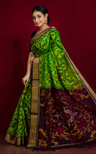 Soft Seiko Ikkat Pochampally Silk Saree in Bright Green, Mahogany Brown, Yellow, Black, Off White and Red