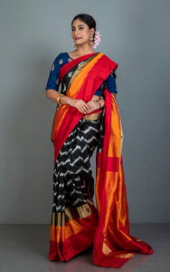 Designer Skirt Border Ikkat Pochampally Silk Saree in Black, Off White, Red, Fire Orange and Antique Golden