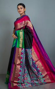 Designer Skirt Border Ikkat Pochampally Silk Saree in Black and Multicolored