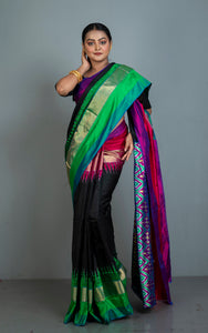 Designer Skirt Border Ikkat Pochampally Silk Saree in Black and Multicolored