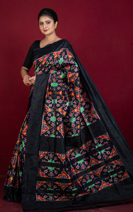 Exclusive Madathasu Ikkat Pochampally Silk Saree in Black, Red and Multicolored