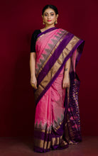 Designer Skirt Border Ikkat Pochampally Silk Saree in Brink Pink, Purple, Dark Brown and Off White