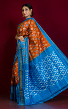 Ikkat Pochampally Silk Saree in Mustard Brown, Blue and Antique White