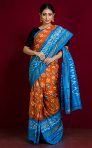 Ikkat Pochampally Silk Saree in Mustard Brown, Blue and Antique White